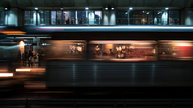 Blurred Motion Subway Train Speeding Through Station Platform
