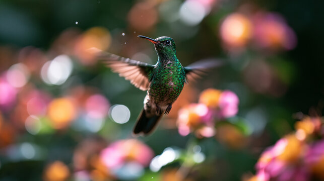 Hummingbird Hovering in Mid Air Among Garden Flowers