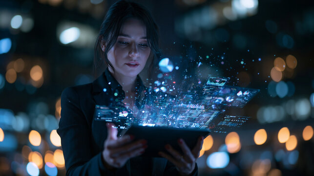 Businesswoman Analyzing Holographic Data on Digital Tablet at Night