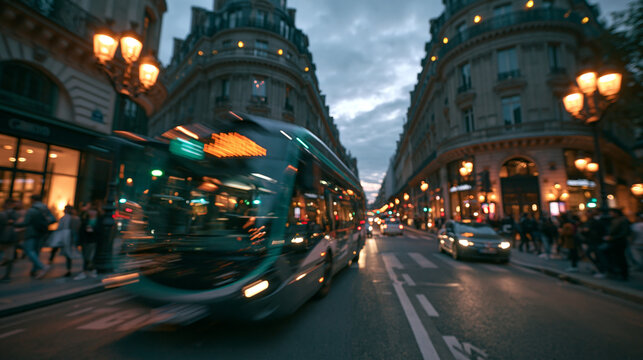 Public Bus in Motion on European City Street at Dusk