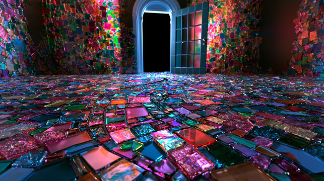 Surreal Room with Open Doorway and Colorful Mosaic Glass