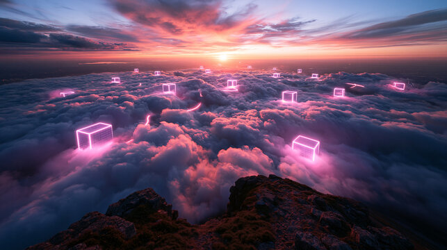 Futuristic Cloud Computing Network with Glowing Data Cubes
