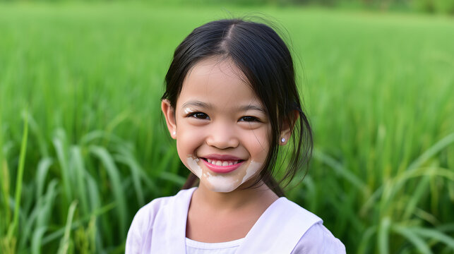 Smiling Asian schoolgirl with visible vitiligo patches around her eyes and mouth standing in a green field, child portrait, facial depigmentation, pediatric vitiligo, acrofacial vi