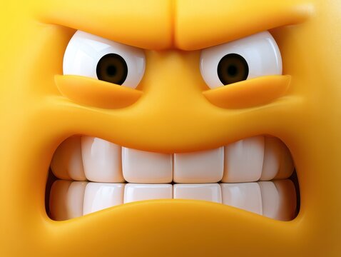 A 3d rendered closeup of an angry yellow emoji face with clenched teeth and furrowed brows