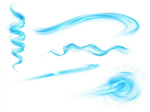 Set of blue abstract light trails and energy waves isolated on white background