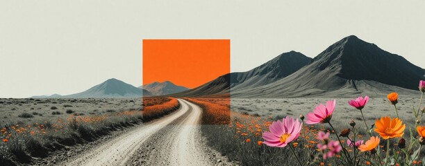 Fototapeta premium Minimalist collage shows winding dirt road through mountain landscape. Bright orange geometric square frame overlays scenery. Colorful wildflowers grow along path toward distant peaks. Abstract art