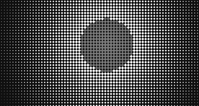 Abstract background, with black and, white square halftone, dots pattern creating, a circular effect, on a dark, surface for wallpaper usage
