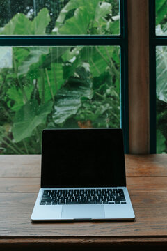 Laptop on a wooden table in front of a window with lush green tropical foliage