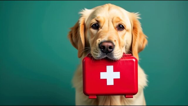 A dog carrying a first aid kit in its mouth, ready to provide aid