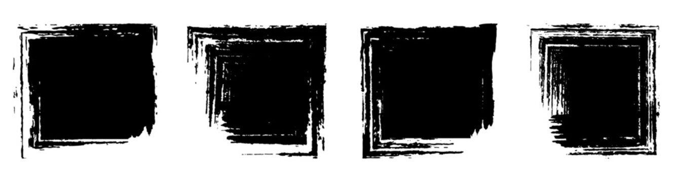Set of grunge black square brushstroke frames. Textured vector frame background, distressed paint square border, artistic ink trace, rough hand-drawn edge and dark template for graphic