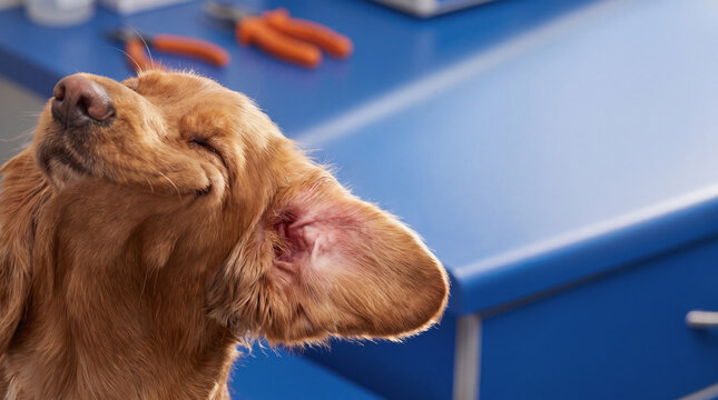 Cocker spaniel dog shaking head and scratching ear in veterinary clinic close up