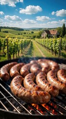 Naklejka premium Juicy sausages grill on hot charcoal barbecue with flames. Tasty meat cooks outdoor near green vineyard, rural farmhouse. Summer picnic food preparation in sunny countryside landscape with blue sky,