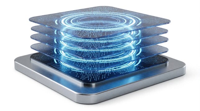 Abstract silver base holds stacked transparent plates with glowing blue circuits. Futuristic tech layers build up, showing data flow and digital connections. Minimalist design.