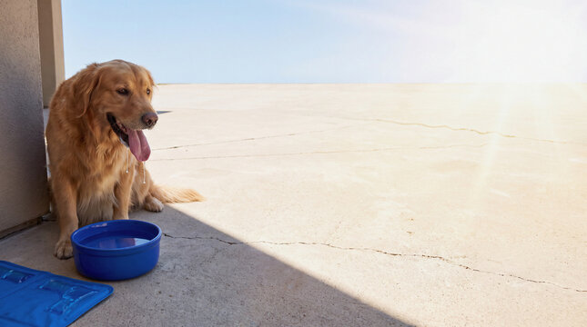 Golden retriever dog panting with drool sitting outdoors beside water bowl during summer heat