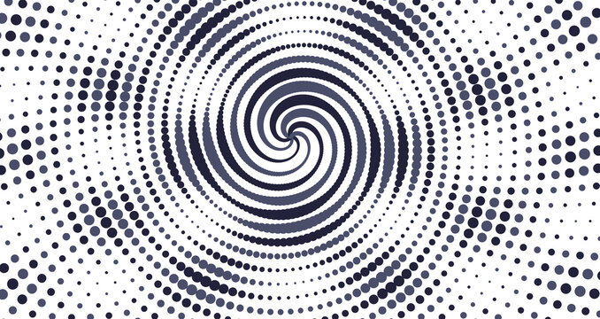 Swirling spiral pattern composed of dark blue dots on a black background, creating a hypnotic, vortex effect for, digital projects