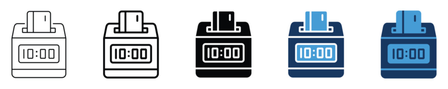 Employee time clock card punch machine icon set, attendance tracker symbol, vector illustration