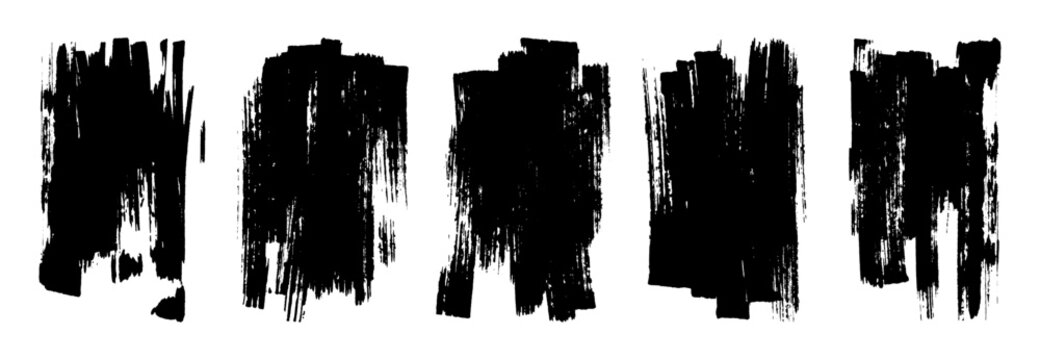 Set of black paint rectangle backgrounds. Isolated vector template, artistic brush stroke texture, distressed vertical rectangular patch, rough ink smear trace for banner design