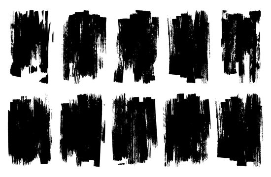 Big collection of black paint rectangle backgrounds. Isolated vector template, artistic brush stroke texture, distressed vertical rectangular patch, rough ink smear trace for banner design