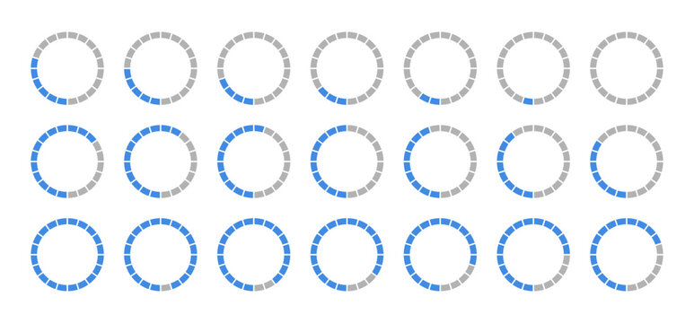 Blue and gray pie chart indicators. Round loading progress graph set, blue progress bars and circle diagram icons for infographics from 100 to 0 percent. Percentage infographic elements no numbers. 