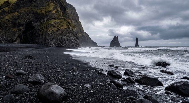 Black sand beach with waves and rocky cliffs under a cloudy sky  