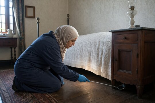 Museum Pest Monitoring One Carrying Out Routine Check Preserved Historic House Bedroom Room Conservator Kneels