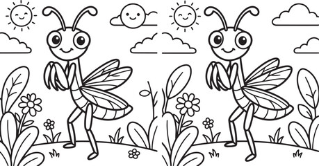 Fototapeta premium Cartoon ants with flowers and suns black and white line illustration