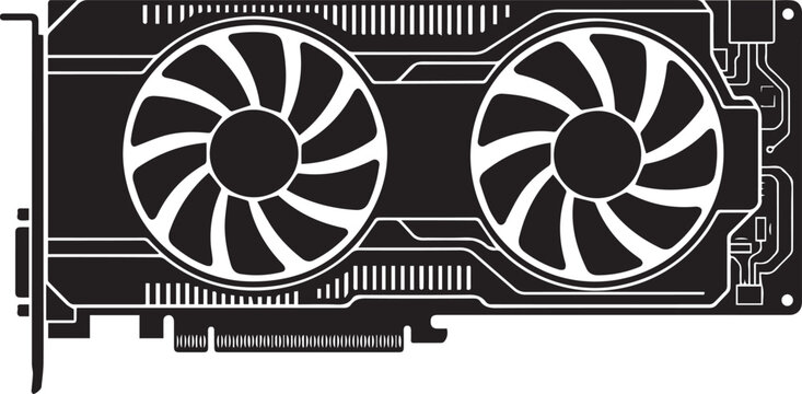 Black graphic card silhouette with dual cooling fans for computer hardware diagrams and gaming tech visuals.