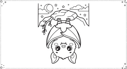 Fototapeta premium Hanging sloth illustration with clouds and branches black and white line art