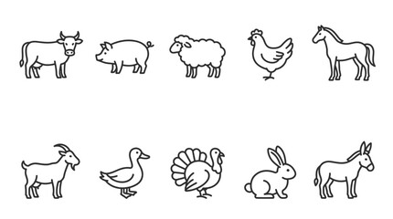 Fototapeta premium Minimalist line-art icons of twelve farm animals and poultry arranged in a single horizontal row on a neutral background.