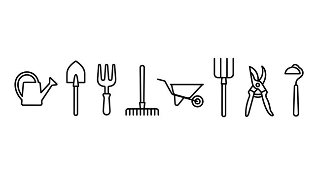 Minimalist line icons representing nine gardening and kitchen tools arranged in a sleek, organized sequence.
