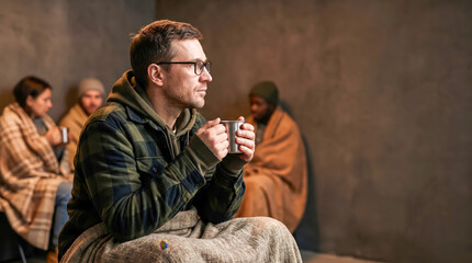 Obraz premium A man sits in a room holding a mug. Several people are nearby, wrapped in blankets and sitting close together. They seem to be sharing warmth on a cold day