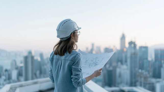 Young female architect looking over city skyline while studying blueprints.