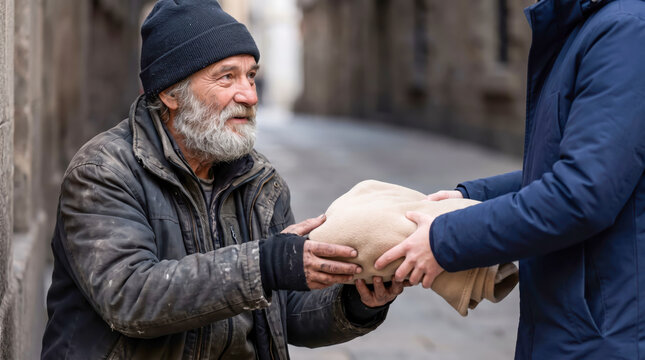 A man sitting on the ground is being handed a warm blanket by another person. The scene takes place in a narrow street with old buildings around in the daytime
