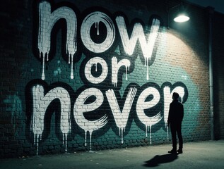 Naklejka premium Lone person stands before large brick wall covered in bold white graffiti reads Now Never. Spotlight shines down on powerful message, creating dramatic contrast against dark urban backdrop, inspiring