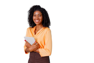 African american woman smiling, holding digital tablet, representing business, education, and technology on transparent background © Komora