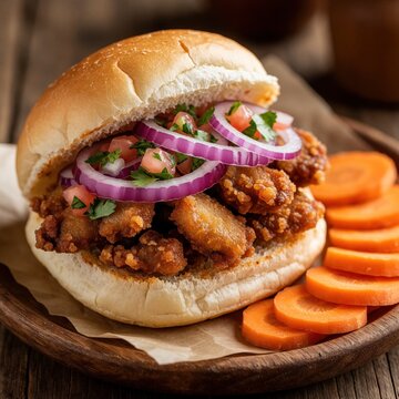 Pan con chicharron sandwich, fried pork, red onion, tomato, cilantro. Sliced carrots on side. Traditional Peruvian street food meal, rustic wooden background.