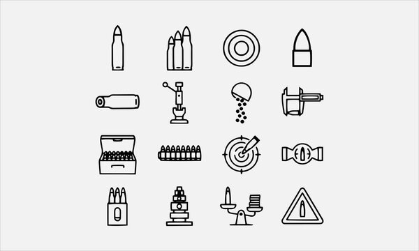 Brass cartridge case with copper bullet tip line art icon set vector illustration
