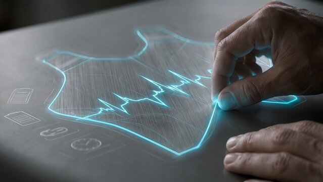Sports science cardiac monitoring concept, technician analyzing athlete heart rate data via holographic interface, cardiovascular health tracking, performance physiology, health diagnostics