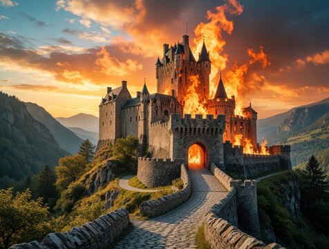 Stone castle burns intensely atop mountain at sunset. Flames engulf medieval fortress. Dramatic sky looms over valley. Destructive fire consumes ancient architecture. Epic battle scene.