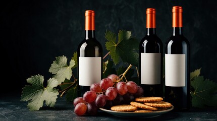 Naklejka premium Three red wine bottles with blank labels stand on dark table. Fresh red grapes, crispy crackers on plate beside bottles. Elegant composition for vineyard tasting, luxury dining, festive celebration