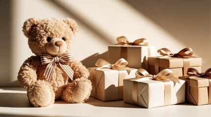 Naklejka premium Plush teddy bear sits beside wrapped gift boxes with satin ribbons. Warm studio light creates soft shadows on a plain background, evoking joy and anticipation for special occasions.