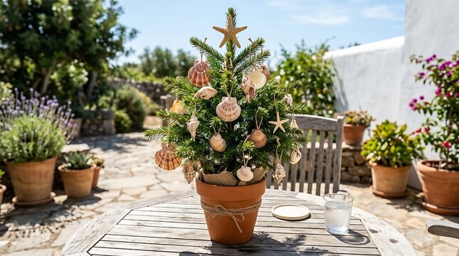 Small evergreen tree decorated with seashells in a terracotta pot on an outdoor wooden table with various seashells starfish topper stands terracotta