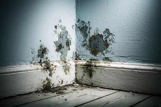 Interior room corner shows mold growth and water damage near the floor. Peeling paint and stains indicate high humidity and potential leaks, creating an unhealthy living space.
