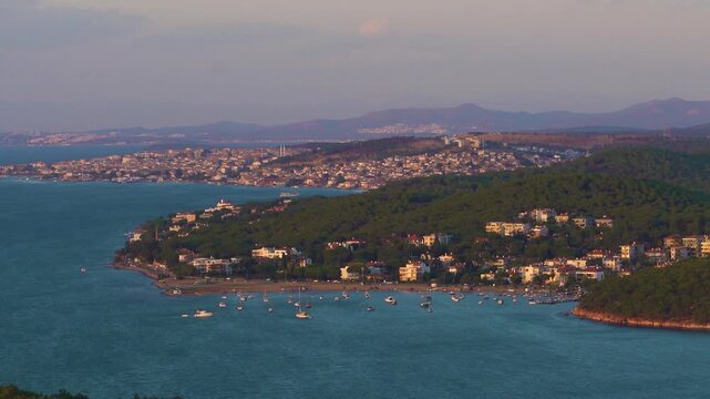 Wide Panoramic View of Ayvalik Bay and Summer Coastline