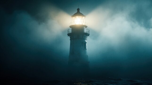 Towering lighthouse pierces thick fog sending bright light beam over dark sea waves. Nautical beacon offers safety and guidance through obscure, misty marine environment, symbolizing hope.