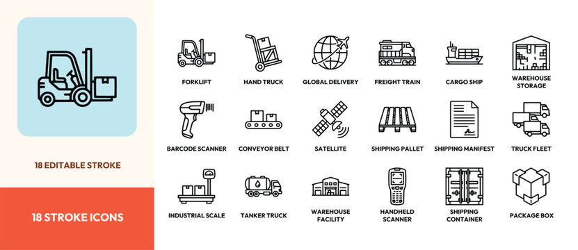 Set of logistics and delivery line icons for shipping warehouse and industrial supply chain