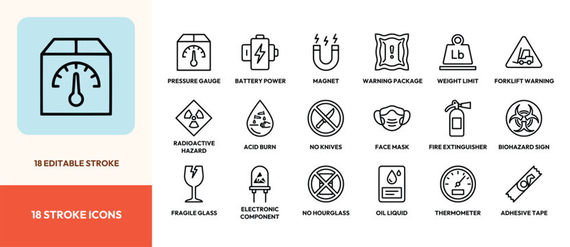Set of shipping and logistics safety icons with editable lines for parcel handling and packaging