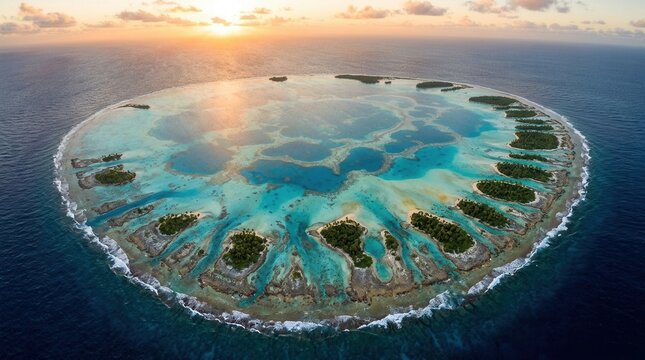 Aerial View of a Stunning Circular Atoll Island Paradise at Sunset.