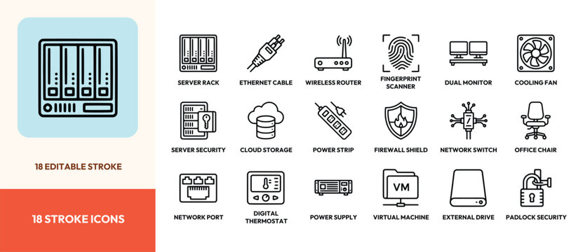 Set of network and server hardware icons with editable outline strokes for modern tech projects