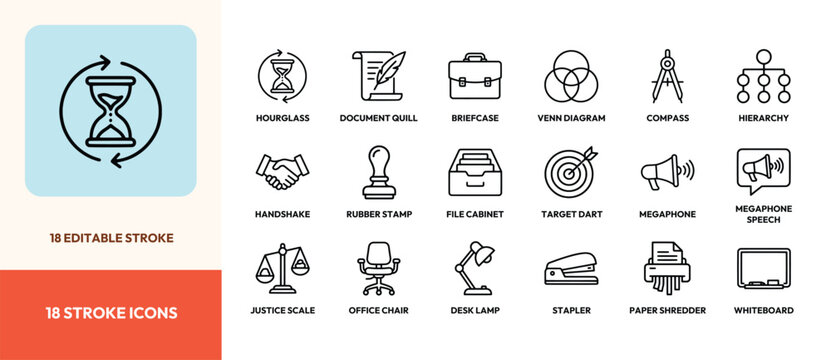 Set of eighteen business office thin line icons including hourglass briefcase and office equipment
